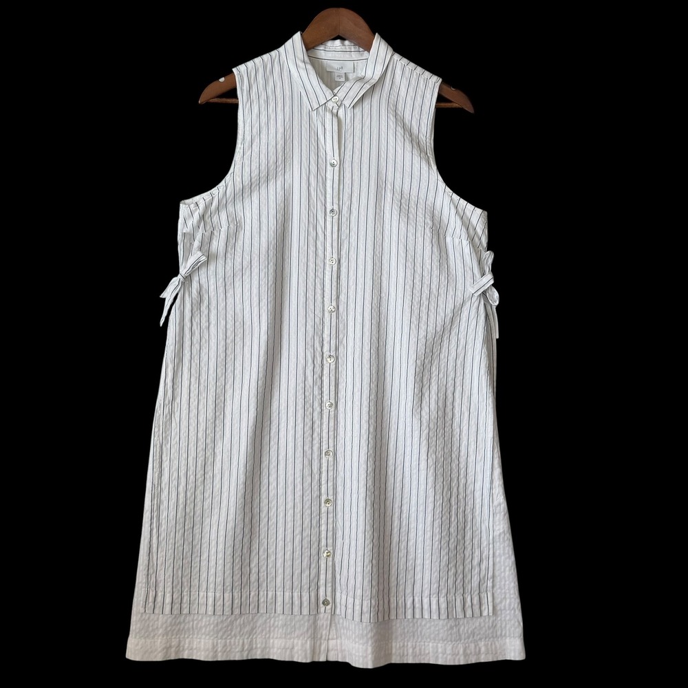 J. Jill Shirt Dress M 100% Cotton Stripe Sleeveless Side Tie Seersucker Coastal